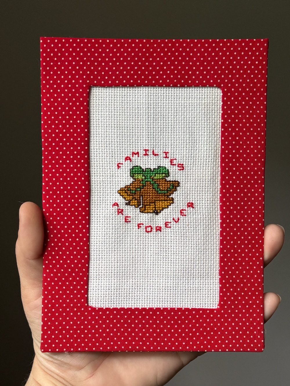 Families Are Forever 5x7" Vintage Needlepoint Ribbon Bells Polkadot Handmade Art